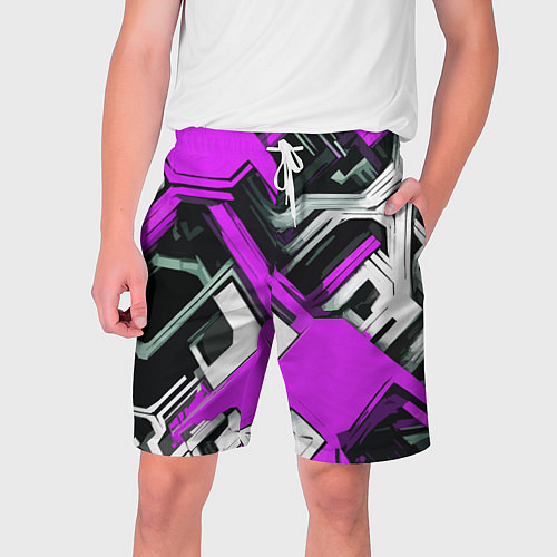 Мужские шорты Бело-фиолетовый техно паттерн на чёрном фоне / 3D-принт – фото 1