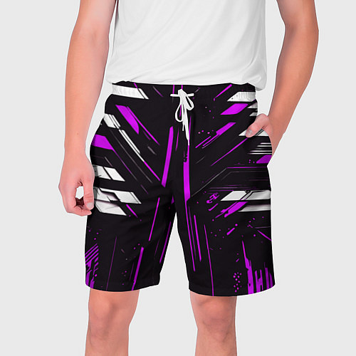 Мужские шорты Фиолетово-белые полосы и точки на чёрном фоне / 3D-принт – фото 1
