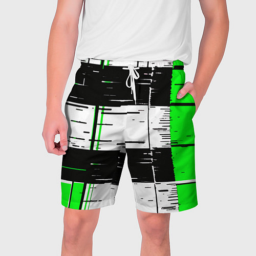 Мужские шорты Зелёные и чёрные полосы на белом фоне / 3D-принт – фото 1