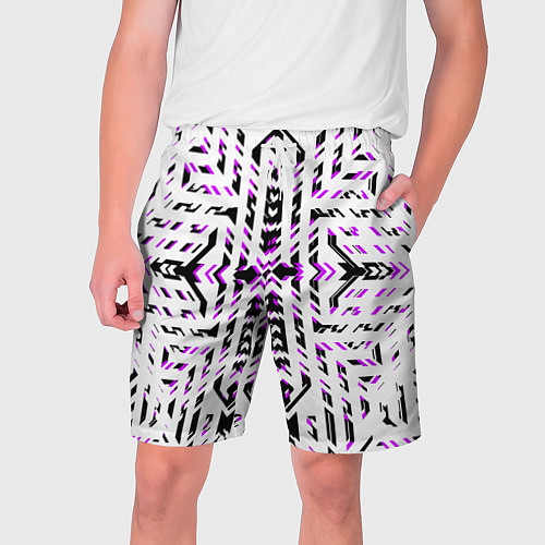Мужские шорты Чёрно-фиолетовые диагональные полосы на белом фоне / 3D-принт – фото 1