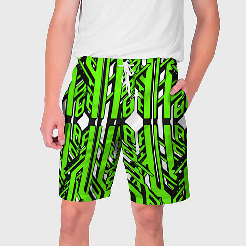 Мужские шорты Чёрно-зелёные техно полосы на белом фоне / 3D-принт – фото 1