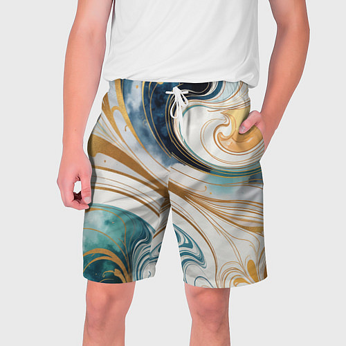 Мужские шорты Аквамарин и оранж узор с завитками / 3D-принт – фото 1