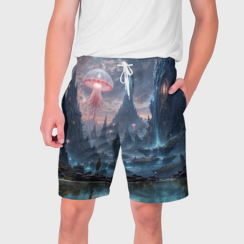 Мужские шорты Фантастический мир с медузами и озеро у гор / 3D-принт – фото 1