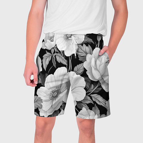 Мужские шорты Чёрно-серый цветочный паттерн / 3D-принт – фото 1