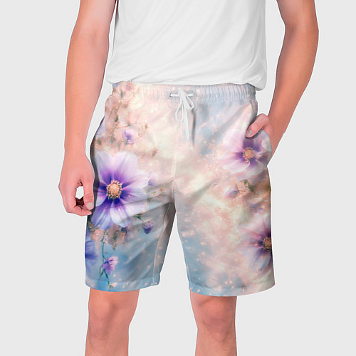 Мужские шорты Нежный голубой цветочный с золотистым свечением / 3D-принт – фото 1