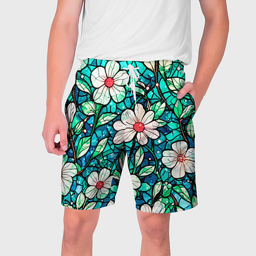 Мужские шорты Цветочный сине-зелёный витраж / 3D-принт – фото 1