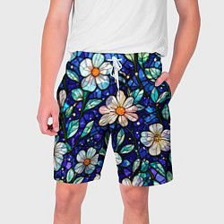 Шорты на шнурке мужские Цветочный тёмно-синий витраж, цвет: 3D-принт