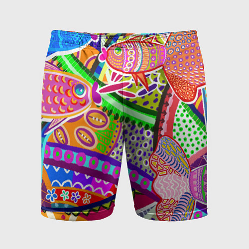 Мужские спортивные шорты Разноцветные яркие рыбки на абстрактном цветном фо / 3D-принт – фото 1