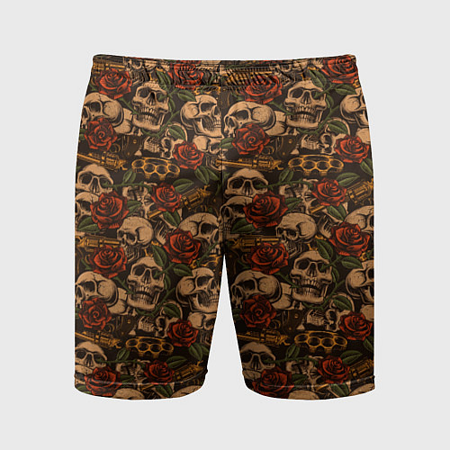 Мужские спортивные шорты Черепа с оружием и розами / 3D-принт – фото 1