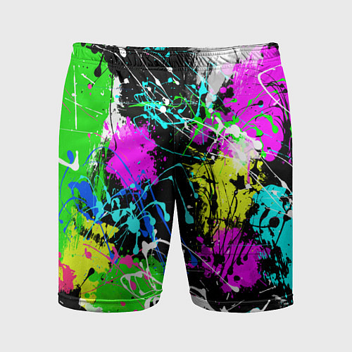 Мужские спортивные шорты Разноцветные пятна краски на черном фоне / 3D-принт – фото 1