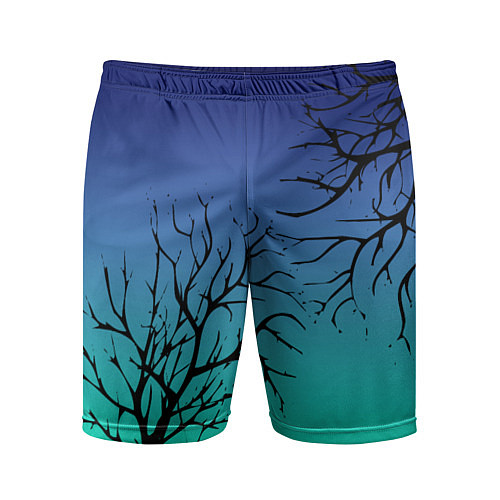 Мужские спортивные шорты Черные абстрактные ветки деревьев на сине-зеленом / 3D-принт – фото 1