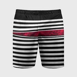 Шорты спортивные мужские Полосатый современный черно-белый с красной вставк, цвет: 3D-принт