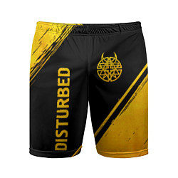 Мужские спортивные шорты Disturbed - gold gradient: символ и надпись вертик