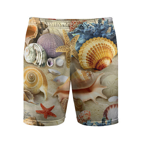 Мужские спортивные шорты Морские раковины, кораллы, морские звёзды на песке / 3D-принт – фото 1