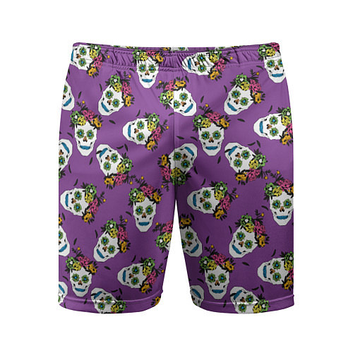 Мужские спортивные шорты Сахарные черепа на фиолетовом паттерн / 3D-принт – фото 1