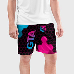 Шорты спортивные мужские GTA - neon gradient: надпись, символ, цвет: 3D-принт — фото 2