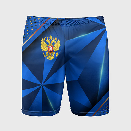 Мужские спортивные шорты Герб РФ на синем объемном фоне / 3D-принт – фото 1
