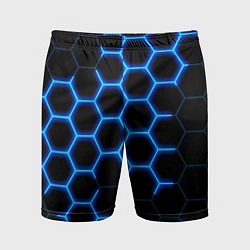 Мужские спортивные шорты Соты на синем неоновом фоне