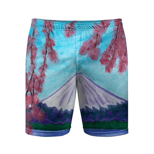Мужские спортивные шорты Цветение сакуры Фудзияма / 3D-принт – фото 1