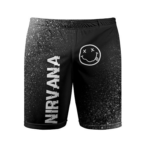 Мужские спортивные шорты Nirvana glitch на темном фоне: надпись, символ / 3D-принт – фото 1