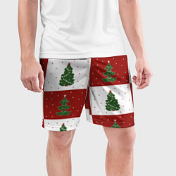 Шорты спортивные мужские Красно-белые квадраты с новогодними елочками, цвет: 3D-принт — фото 2