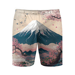Шорты спортивные мужские Японский пейзаж: цветение сакуры у горы Фудзияма, цвет: 3D-принт