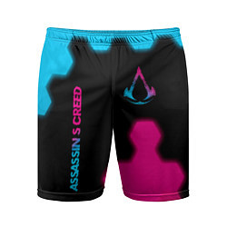 Шорты спортивные мужские Assassins Creed - neon gradient: надпись, символ, цвет: 3D-принт