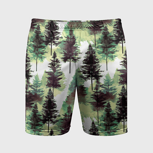 Мужские спортивные шорты Хвойный лес - акварель в зеленых тонах / 3D-принт – фото 1