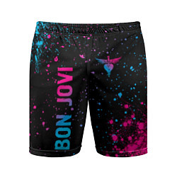 Шорты спортивные мужские Bon Jovi - neon gradient: надпись, символ, цвет: 3D-принт
