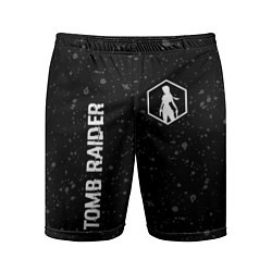 Мужские спортивные шорты Tomb Raider glitch на темном фоне: надпись, символ