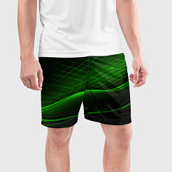 Шорты спортивные мужские Green lines black backgrouns, цвет: 3D-принт — фото 2