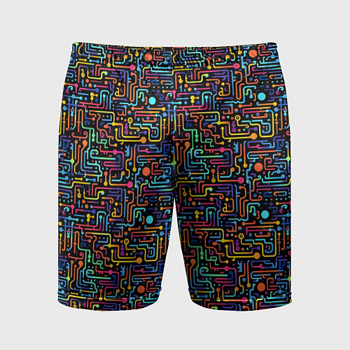 Мужские спортивные шорты Абстрактные разноцветные линии на черном фоне / 3D-принт – фото 1
