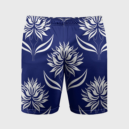 Мужские спортивные шорты Абстрактные белые лотосы на синем - паттерн / 3D-принт – фото 1