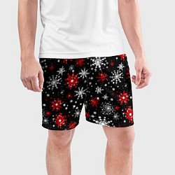 Шорты спортивные мужские Белые и красные снежинки на черном фоне - нейросет, цвет: 3D-принт — фото 2