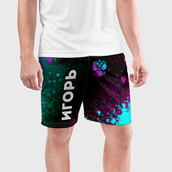 Шорты спортивные мужские Игорь и неоновый герб России вертикально, цвет: 3D-принт — фото 2