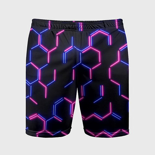 Мужские спортивные шорты Сине-розовые неоновые неполные гексагоны / 3D-принт – фото 1