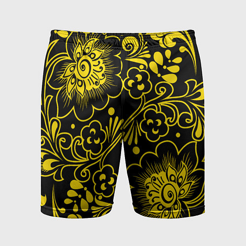 Мужские спортивные шорты Хохломская роспись золотые цветы на чёроном фоне / 3D-принт – фото 1