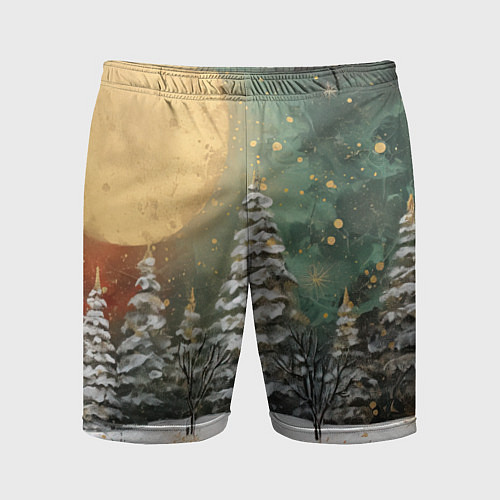 Мужские спортивные шорты Большая луна и новогодний лес / 3D-принт – фото 1