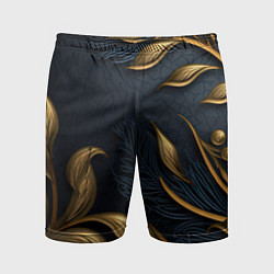 Мужские спортивные шорты Лепнина объемные золотые узоры на темном синем фон