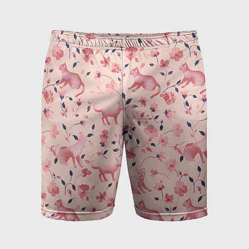 Мужские спортивные шорты Розовый паттерн с цветами и котиками / 3D-принт – фото 1
