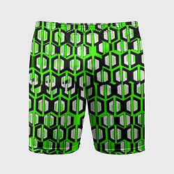 Шорты спортивные мужские Техно узор из шестиугольников зелёный, цвет: 3D-принт