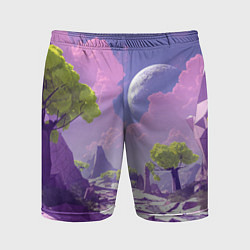 Шорты спортивные мужские Фиолетовые горы зеленые деревья и космос, цвет: 3D-принт