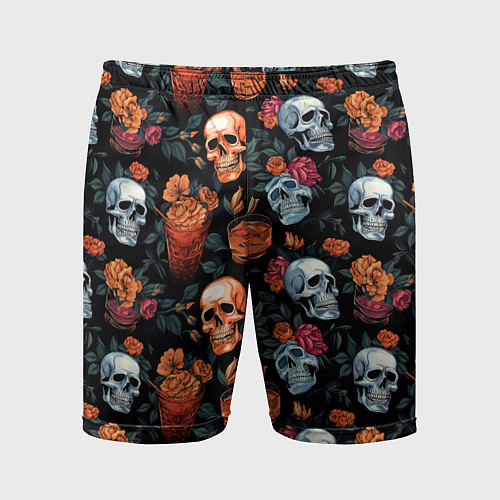 Мужские спортивные шорты Весёлые черепа в кустах / 3D-принт – фото 1