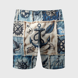 Шорты спортивные мужские Пэчворк с якорем - джинсовка моряка, цвет: 3D-принт