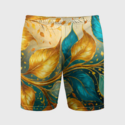 Шорты спортивные мужские Листья абстрактные золото и бирюза, цвет: 3D-принт