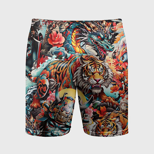 Мужские спортивные шорты Японская татуировка дракона тигра и самурая / 3D-принт – фото 1