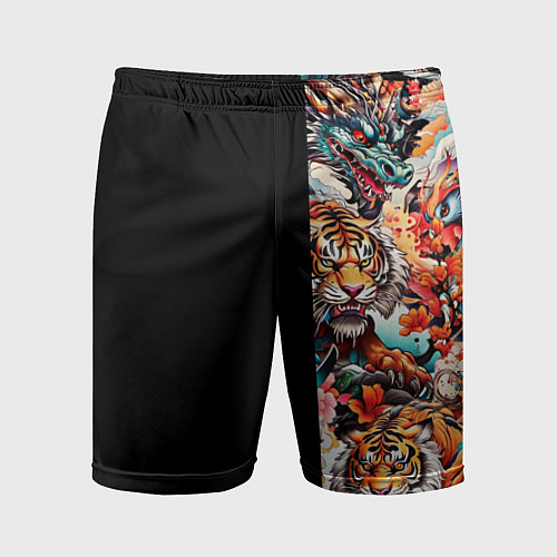 Мужские спортивные шорты Тату ирезуми дракона тигр лис и самурай / 3D-принт – фото 1