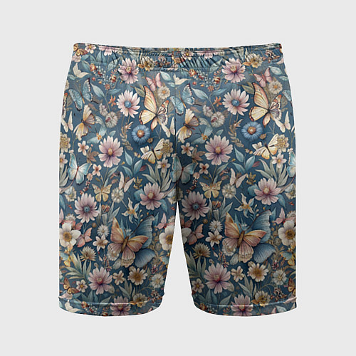 Мужские спортивные шорты Летний узор с цветами и бабочками / 3D-принт – фото 1