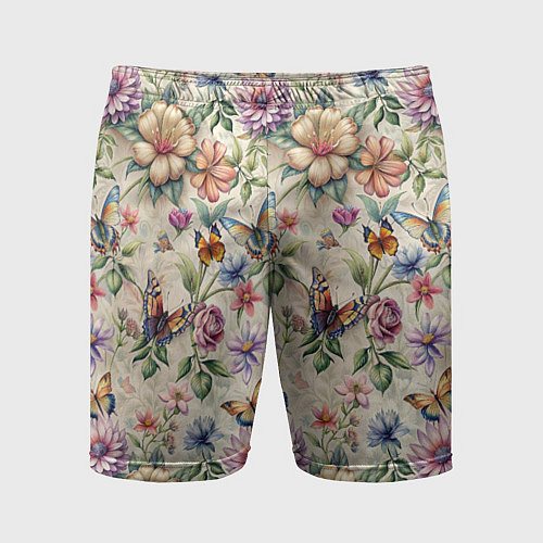 Мужские спортивные шорты Летний узор с цветами и бабочками / 3D-принт – фото 1