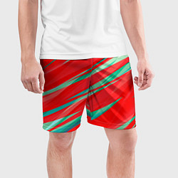 Шорты спортивные мужские Красный и бирюзовый абстрактный полосы, цвет: 3D-принт — фото 2